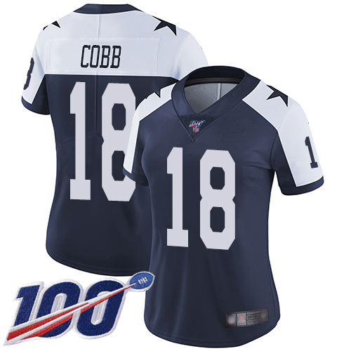 Cowboys #18 Randall Cobb Navy Blue Thanksgiving Women's Stitched Football 100th Season Vapor Throwback Limited Jersey