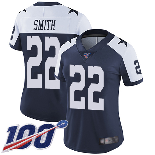 Cowboys #22 Emmitt Smith Navy Blue Thanksgiving Women's Stitched Football 100th Season Vapor Throwback Limited Jersey