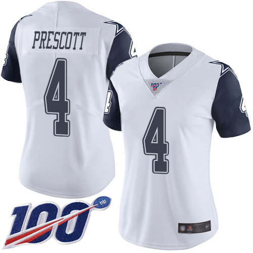 Cowboys #4 Dak Prescott White Women's Stitched Football Limited Rush 100th Season Jersey