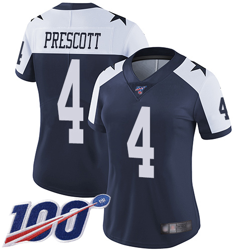 Cowboys #4 Dak Prescott Navy Blue Thanksgiving Women's Stitched Football 100th Season Vapor Throwback Limited Jersey