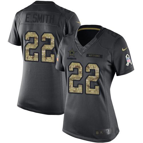 Nike Cowboys #22 Emmitt Smith Black Women's Stitched NFL Limited 2016 Salute to Service Jersey - Click Image to Close