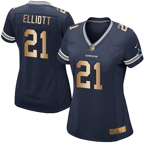 Nike Cowboys #21 Ezekiel Elliott Navy Blue Team Color Women's Stitched NFL Elite Gold Jersey - Click Image to Close