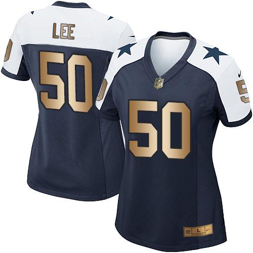 Nike Cowboys #50 Sean Lee Navy Blue Thanksgiving Throwback Women's Stitched NFL Elite Gold Jersey - Click Image to Close