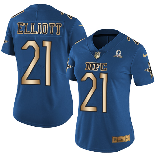 Nike Cowboys #21 Ezekiel Elliott Navy Women's Stitched NFL Limited Gold NFC 2017 Pro Bowl Jersey