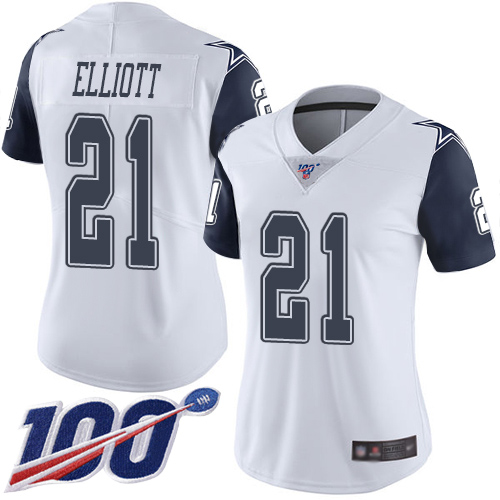 Cowboys #21 Ezekiel Elliott White Women's Stitched Football Limited Rush 100th Season Jersey