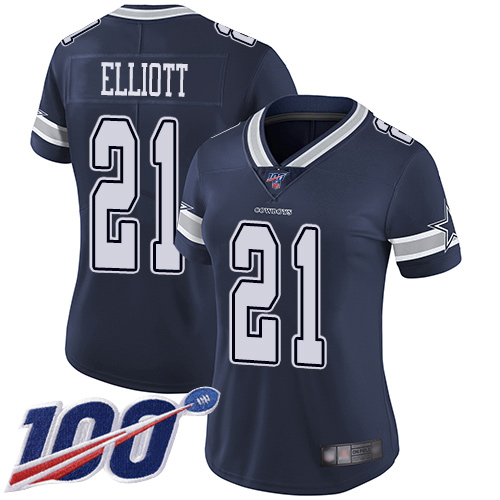 Cowboys #21 Ezekiel Elliott Navy Blue Team Color Women's Stitched Football 100th Season Vapor Limited Jersey - Click Image to Close