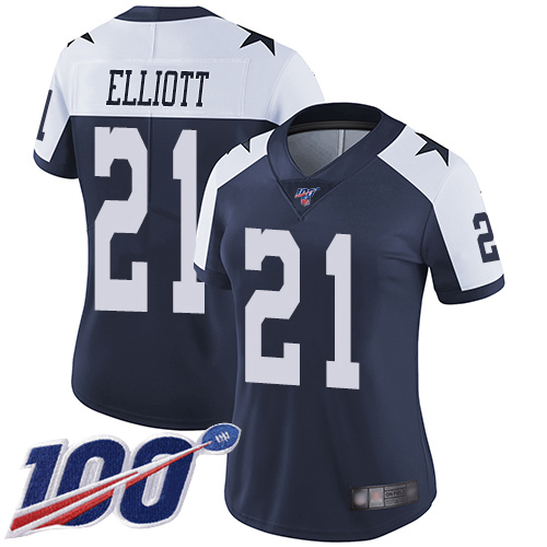 Cowboys #21 Ezekiel Elliott Navy Blue Thanksgiving Women's Stitched Football 100th Season Vapor Throwback Limited Jersey