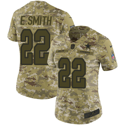 Nike Cowboys #22 Emmitt Smith Camo Women's Stitched NFL Limited 2018 Salute to Service Jersey - Click Image to Close