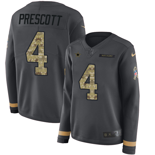 Nike Cowboys #4 Dak Prescott Anthracite Salute to Service Women's Stitched NFL Limited Therma Long Sleeve Jersey - Click Image to Close