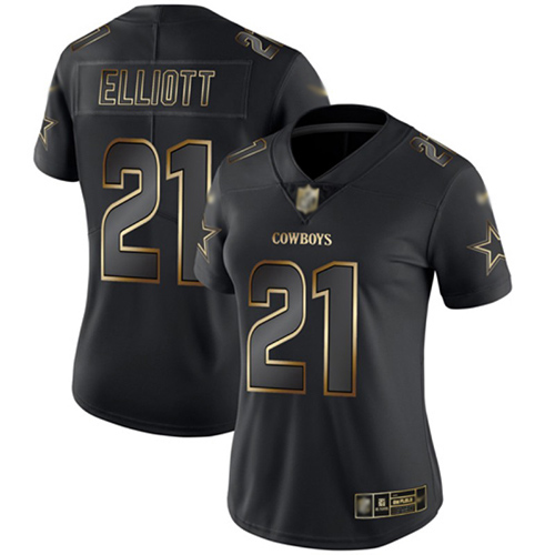 Cowboys #21 Ezekiel Elliott Black/Gold Women's Stitched Football Vapor Untouchable Limited Jersey - Click Image to Close