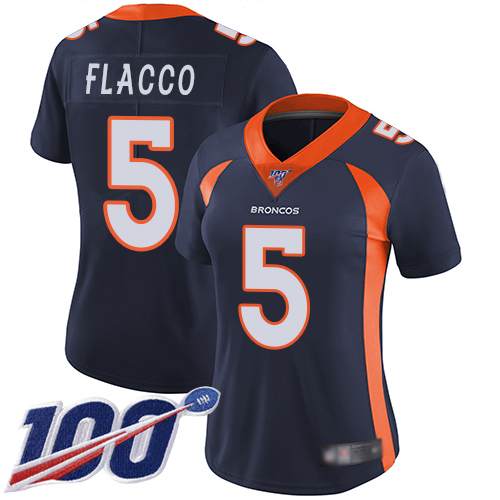 Broncos #5 Joe Flacco Navy Blue Alternate Women's Stitched Football 100th Season Vapor Limited Jersey - Click Image to Close