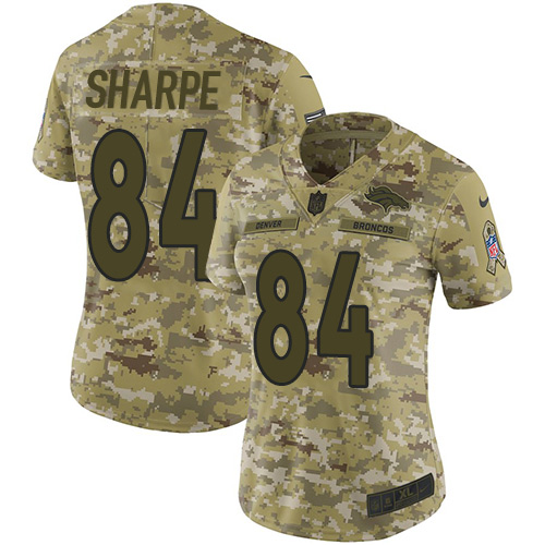 Nike Broncos #84 Shannon Sharpe Camo Women's Stitched NFL Limited 2018 Salute to Service Jersey - Click Image to Close