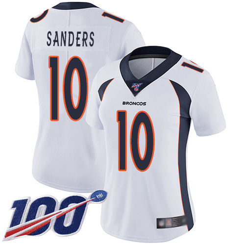 Broncos #10 Emmanuel Sanders White Women's Stitched Football 100th Season Vapor Limited Jersey - Click Image to Close