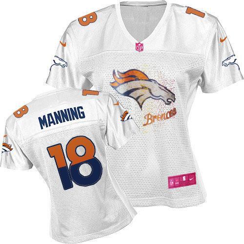 Nike Broncos #18 Peyton Manning White Women's Fem Fan NFL Game Jersey - Click Image to Close