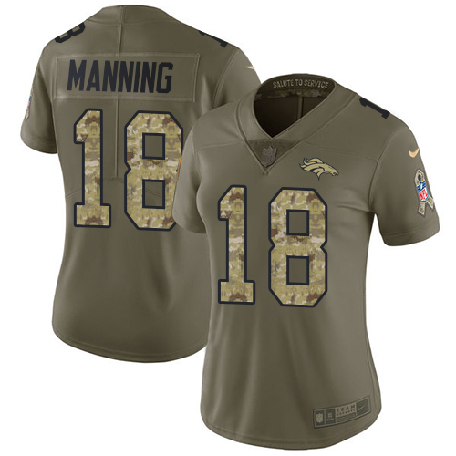 Nike Broncos #18 Peyton Manning Olive/Camo Women's Stitched NFL Limited 2017 Salute to Service Jersey - Click Image to Close