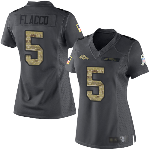 Broncos #5 Joe Flacco Black Women's Stitched Football Limited 2016 Salute to Service Jersey - Click Image to Close