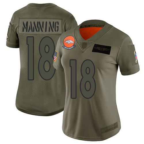 Broncos #18 Peyton Manning Camo Women's Stitched Football Limited 2019 Salute to Service Jersey - Click Image to Close