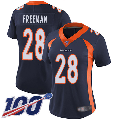 Broncos #28 Royce Freeman Navy Blue Alternate Women's Stitched Football 100th Season Vapor Limited Jersey