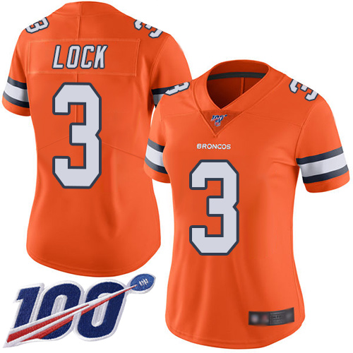 Broncos #3 Drew Lock Orange Women's Stitched Football Limited Rush 100th Season Jersey - Click Image to Close