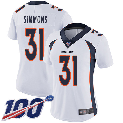 Broncos #31 Justin Simmons White Women's Stitched Football 100th Season Vapor Limited Jersey - Click Image to Close