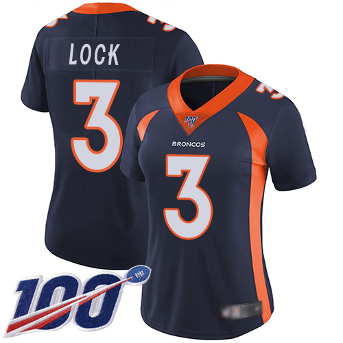 Broncos #3 Drew Lock Navy Blue Alternate Women's Stitched Football 100th Season Vapor Limited Jersey