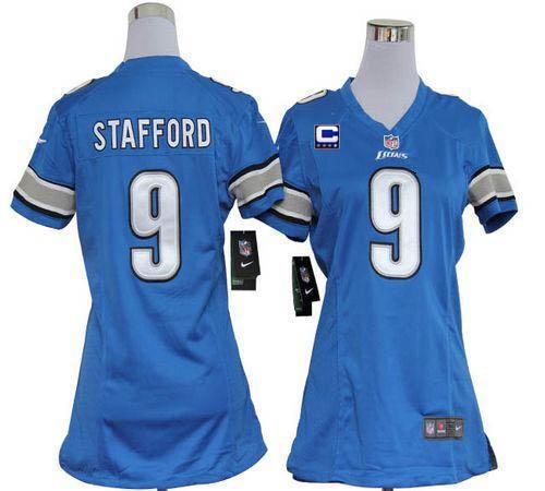 Nike Lions #9 Matthew Stafford Light Blue Team Color With C Patch Women's Stitched NFL Elite Jersey