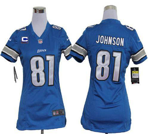 Nike Lions #81 Calvin Johnson Light Blue Team Color With C Patch Women's Stitched NFL Elite Jersey