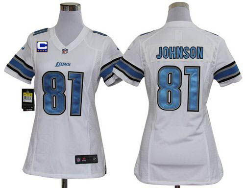 Nike Lions #81 Calvin Johnson White With C Patch Women's Stitched NFL Elite Jersey