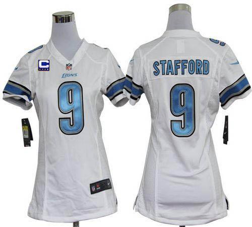 Nike Lions #9 Matthew Stafford White With C Patch Women's Stitched NFL Elite Jersey