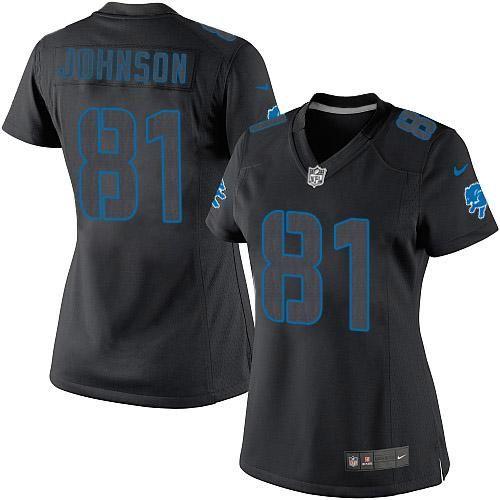 Nike Lions #81 Calvin Johnson Black Impact Women's Stitched NFL Limited Jersey - Click Image to Close