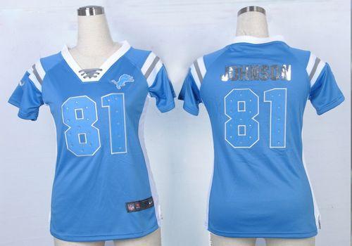 Nike Lions #81 Calvin Johnson Light Blue Team Color Women's Stitched NFL Elite Draft Him Shimmer Jersey - Click Image to Close