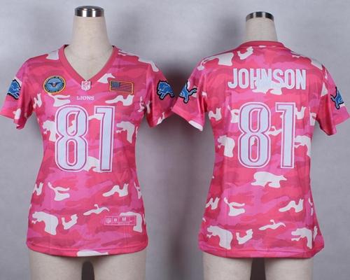 Nike Lions #81 Calvin Johnson Pink Women's Stitched NFL Elite Camo Fashion Jersey