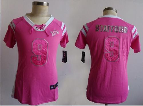 Nike Lions #9 Matthew Stafford Pink Women's Stitched NFL Elite Draft Him Shimmer Jersey