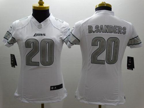 Nike Lions #20 Barry Sanders White Women's Stitched NFL Limited Platinum Jersey