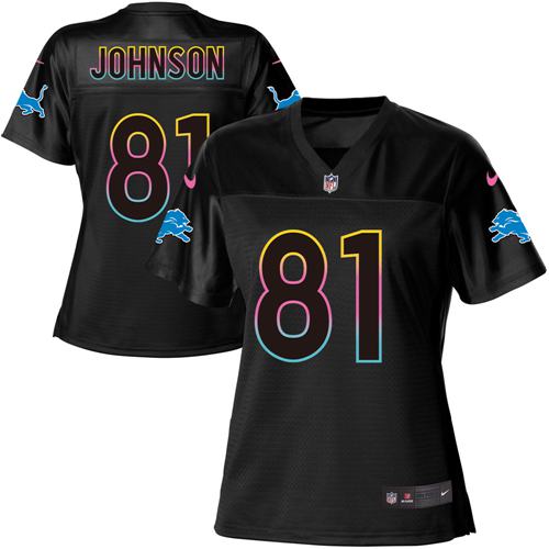 Nike Lions #81 Calvin Johnson Black Women's NFL Fashion Game Jersey - Click Image to Close