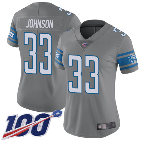 Lions #33 Kerryon Johnson Gray Women's Stitched Football Limited Rush 100th Season Jersey