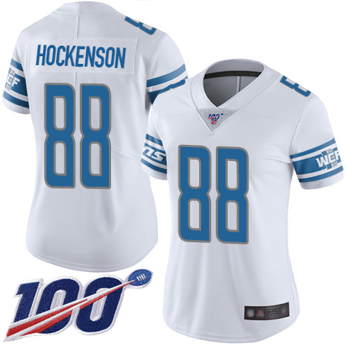 Lions #88 T.J. Hockenson White Women's Stitched Football 100th Season Vapor Limited Jersey - Click Image to Close