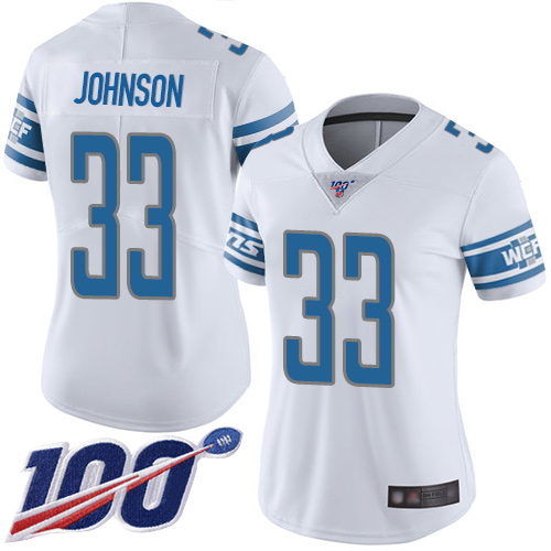 Lions #33 Kerryon Johnson White Women's Stitched Football 100th Season Vapor Limited Jersey