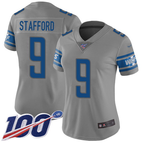 Lions #9 Matthew Stafford Gray Women's Stitched Football Limited Inverted Legend 100th Season Jersey