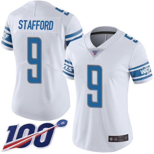 Lions #9 Matthew Stafford White Women's Stitched Football 100th Season Vapor Limited Jersey