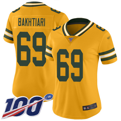 Packers #69 David Bakhtiari Yellow Women's Stitched Football Limited Rush 100th Season Jersey - Click Image to Close