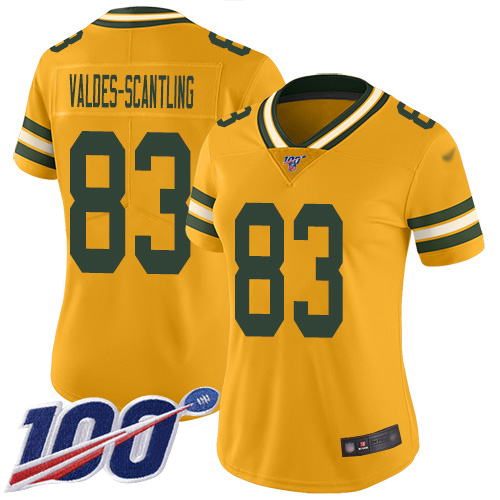 Packers #83 Marquez Valdes-Scantling Gold Women's Stitched Football Limited Inverted Legend 100th Season Jersey - Click Image to Close