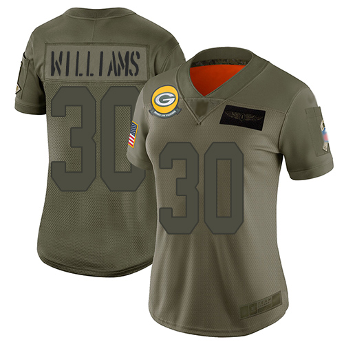 Packers #30 Jamaal Williams Camo Women's Stitched Football Limited 2019 Salute to Service Jersey - Click Image to Close