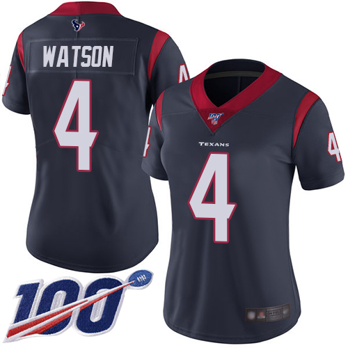 Texans #4 Deshaun Watson Navy Blue Team Color Women's Stitched Football 100th Season Vapor Limited Jersey