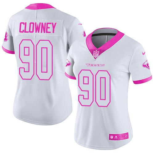 Nike Texans #90 Jadeveon Clowney White/Pink Women's Stitched NFL Limited Rush Fashion Jersey - Click Image to Close