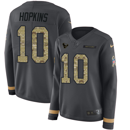 Nike Texans #10 DeAndre Hopkins Anthracite Salute to Service Women's Stitched NFL Limited Therma Long Sleeve Jersey - Click Image to Close