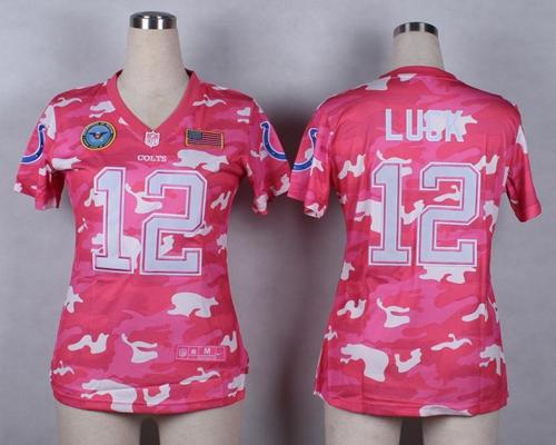 Nike Colts #12 Andrew Luck Pink Women's Stitched NFL Elite Camo Fashion Jersey - Click Image to Close