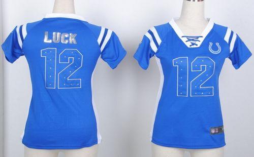 Nike Colts #12 Andrew Luck Royal Blue Women's Stitched NFL Elite Draft Him Shimmer Jersey