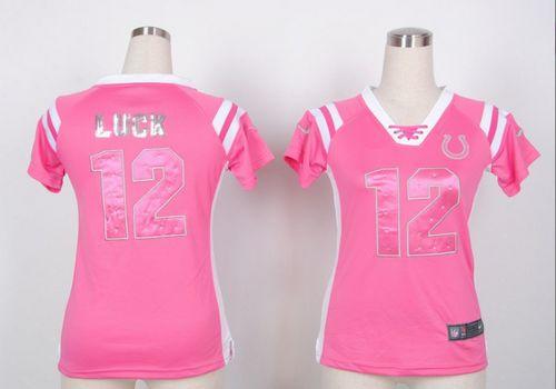 Nike Colts #12 Andrew Luck Pink Women's Stitched NFL Elite Draft Him Shimmer Jersey