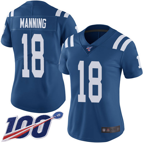 Colts #18 Peyton Manning Royal Blue Team Color Women's Stitched Football 100th Season Vapor Limited Jersey - Click Image to Close